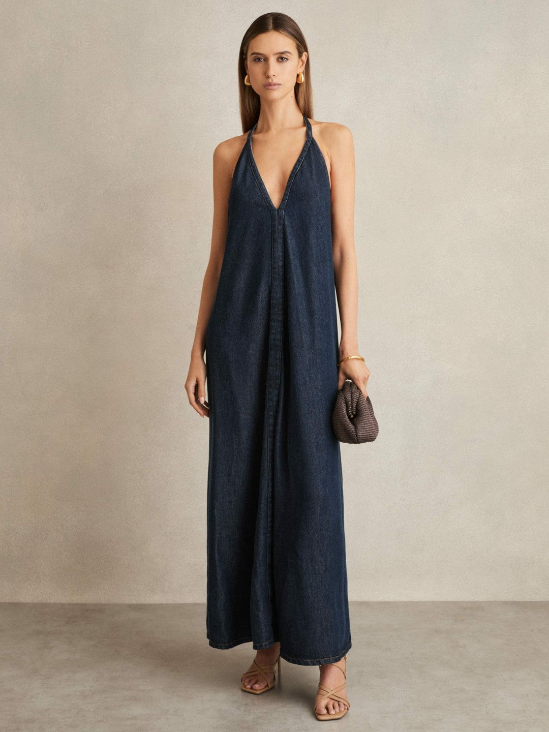 Denim Halterneck Maxi Dress in Indigo | Reiss Women Featured