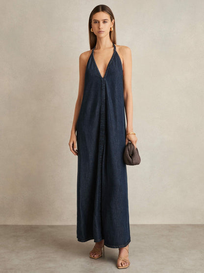 Denim Halterneck Maxi Dress in Indigo | Reiss Women Featured