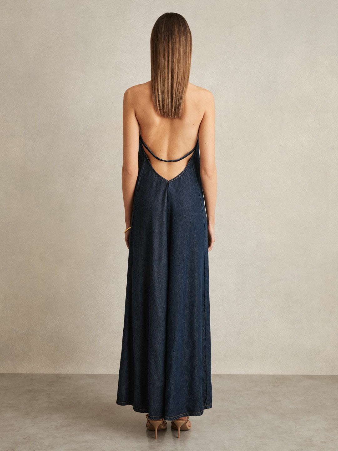 Denim Halterneck Maxi Dress in Indigo | Reiss Women Featured