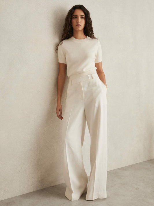 Petite Linen-Blend Wide-Leg Trousers in White | Reiss Women Premium