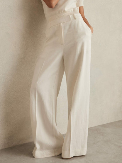 Petite Linen-Blend Wide-Leg Trousers in White | Reiss Women Premium
