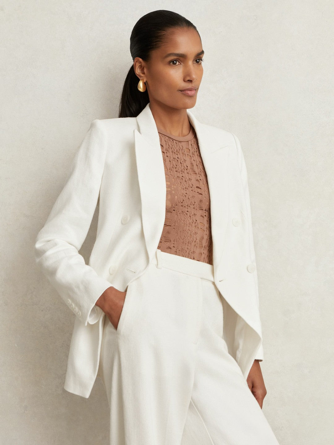 Linen-Blend Double-Breasted Suit Jacket in White | Reiss Women Trending