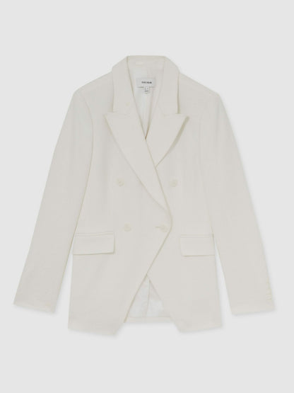 Linen-Blend Double-Breasted Suit Jacket in White | Reiss Women Trending