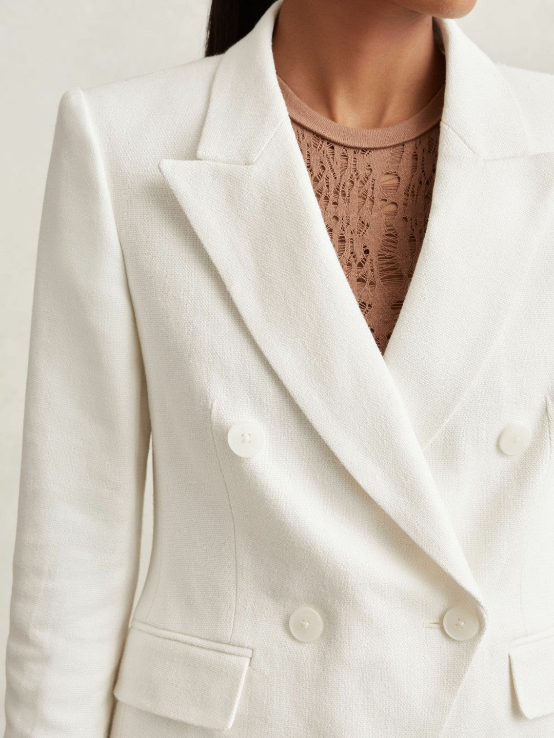 Linen-Blend Double-Breasted Suit Jacket in White | Reiss Women Trending