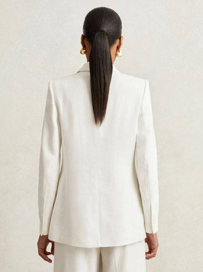 Linen-Blend Double-Breasted Suit Jacket in White | Reiss Women Trending