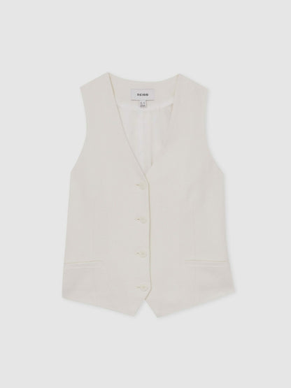 Linen-Blend Button-Through Waistcoat in White | Reiss Women Trending
