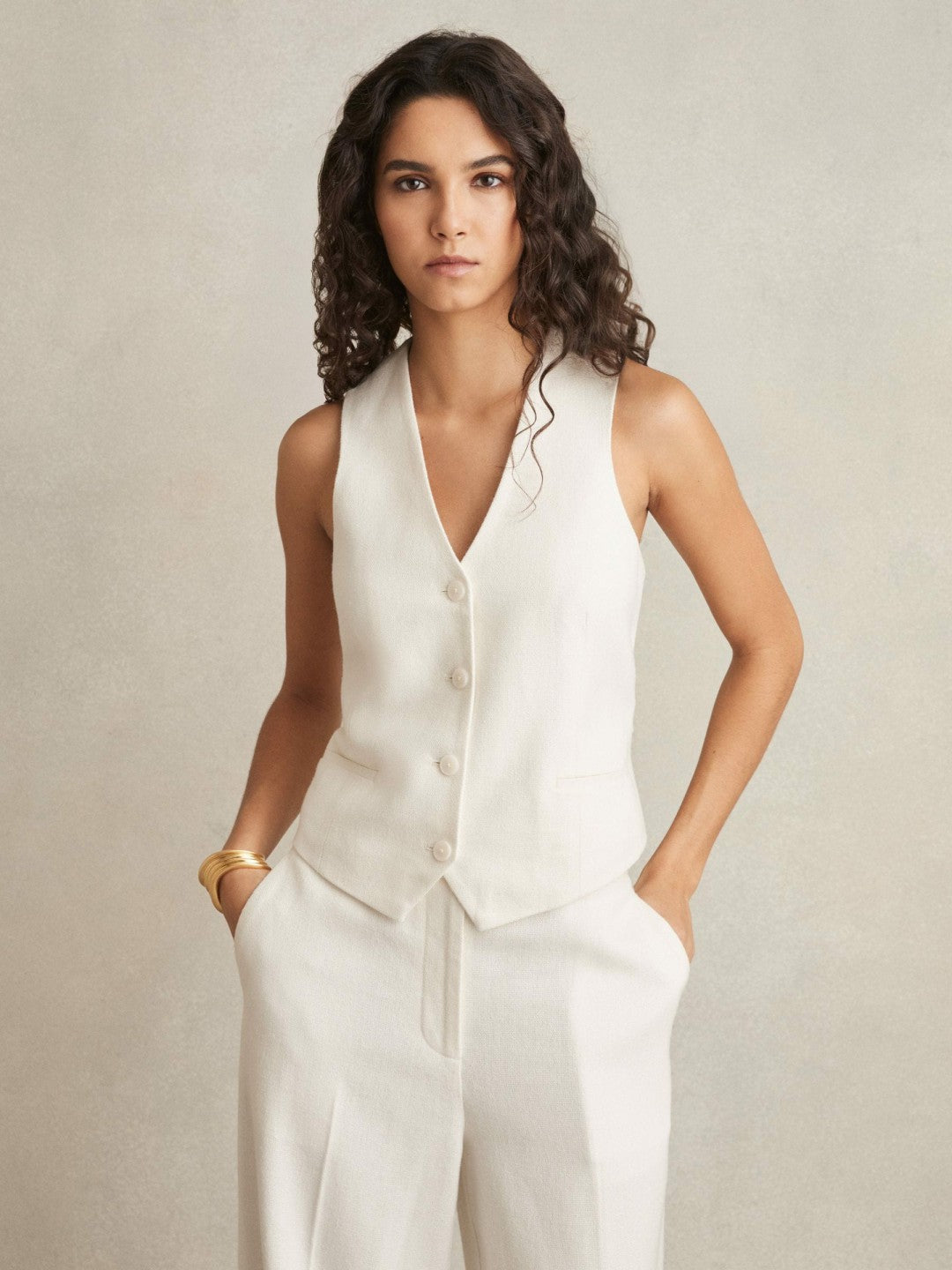 Linen-Blend Button-Through Waistcoat in White | Reiss Women Trending