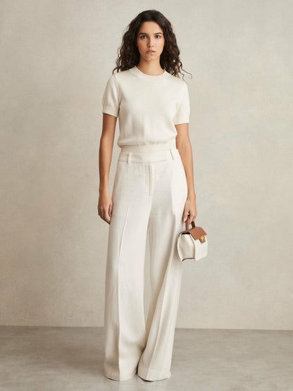 Linen-Blend Wide-Leg Trousers in White | Reiss Women Featured