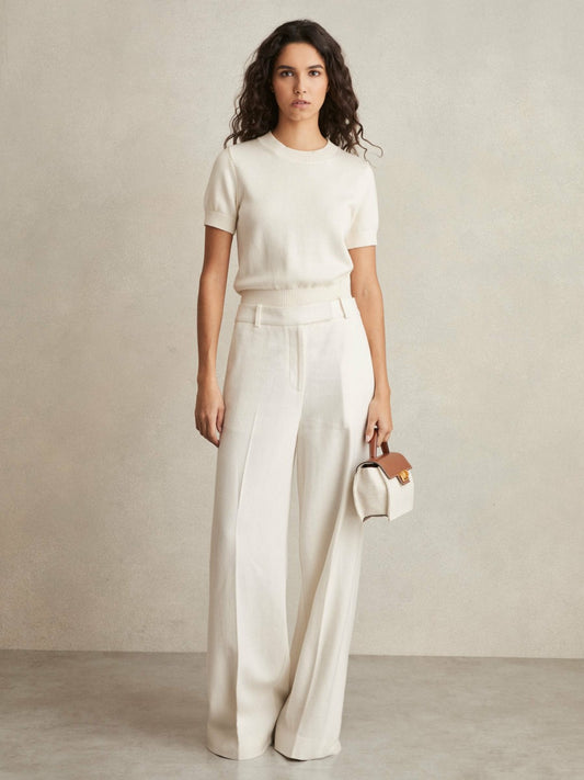 Linen-Blend Wide-Leg Trousers in White | Reiss Women Featured