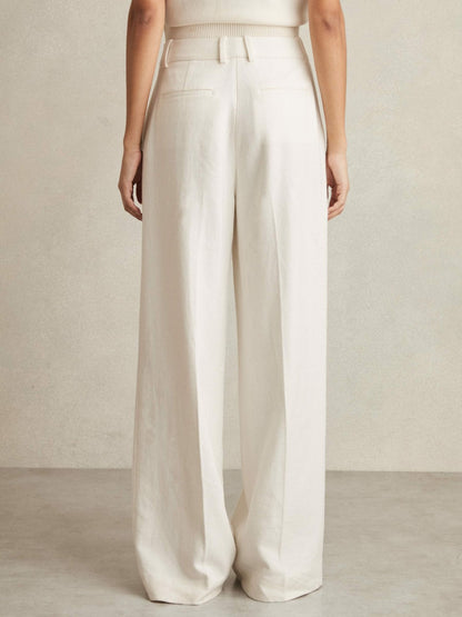 Linen-Blend Wide-Leg Trousers in White | Reiss Women Featured