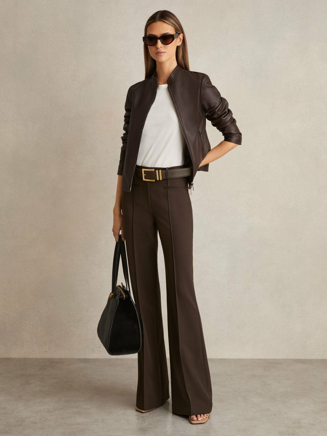 Petite High Rise Flared Trousers in Chocolate Brown | Reiss Women Best Seller