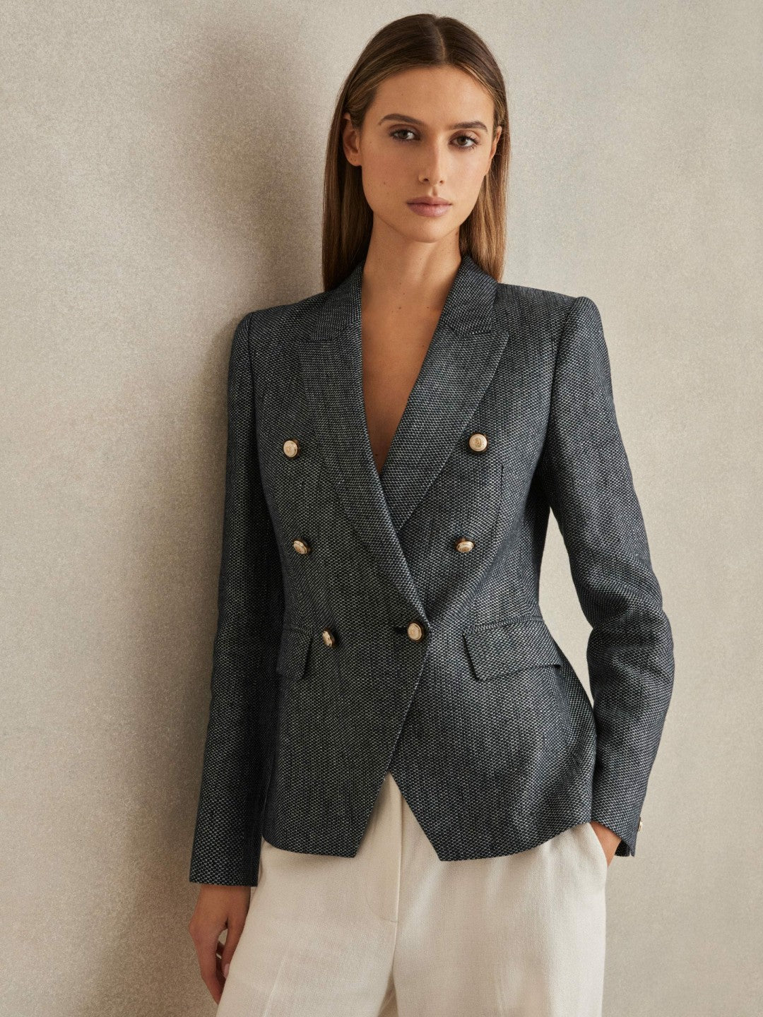 Linen-Cotton Double-Breasted Blazer in Navy | Reiss Women Popular
