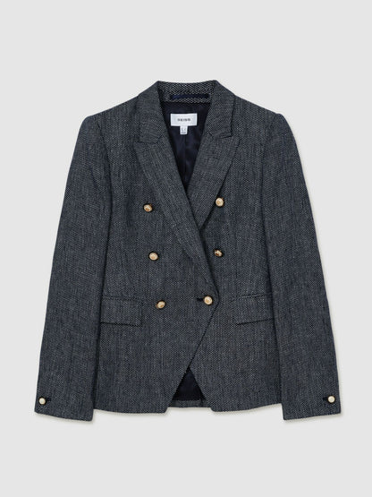Linen-Cotton Double-Breasted Blazer in Navy | Reiss Women Popular
