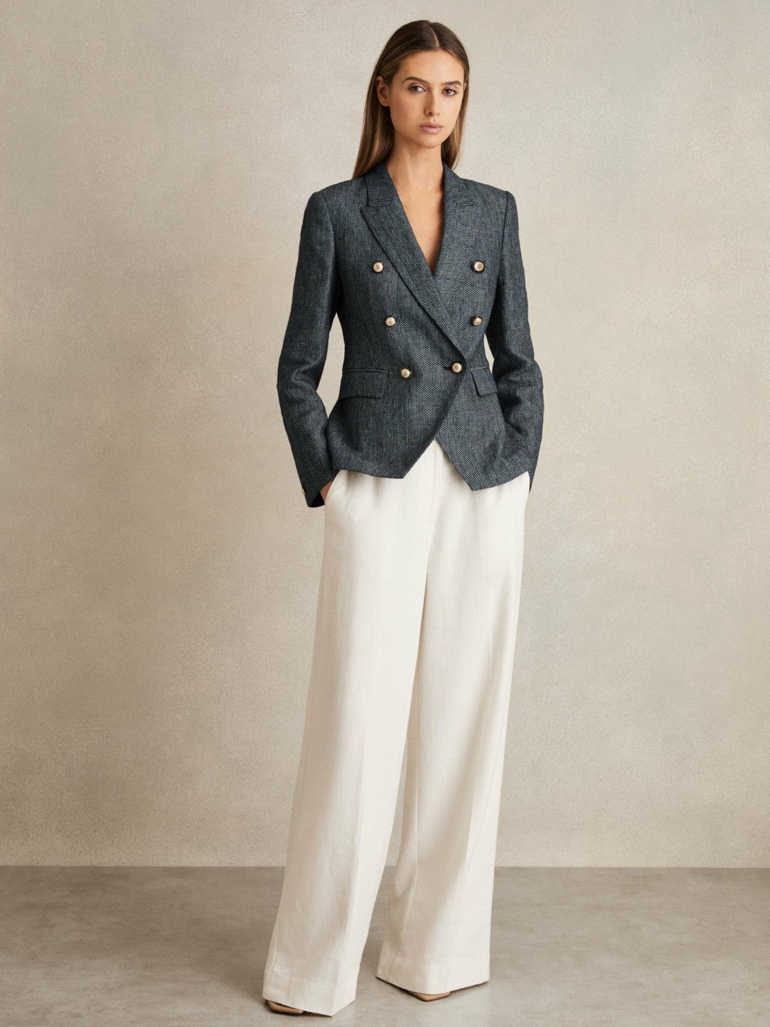 Linen-Cotton Double-Breasted Blazer in Navy | Reiss Women Popular