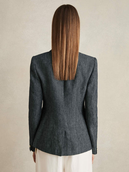 Linen-Cotton Double-Breasted Blazer in Navy | Reiss Women Popular