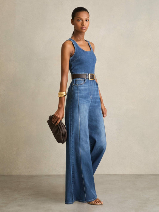 Wide-Leg Racer-Back Denim Jumpsuit in Indigo | Reiss Women Popular