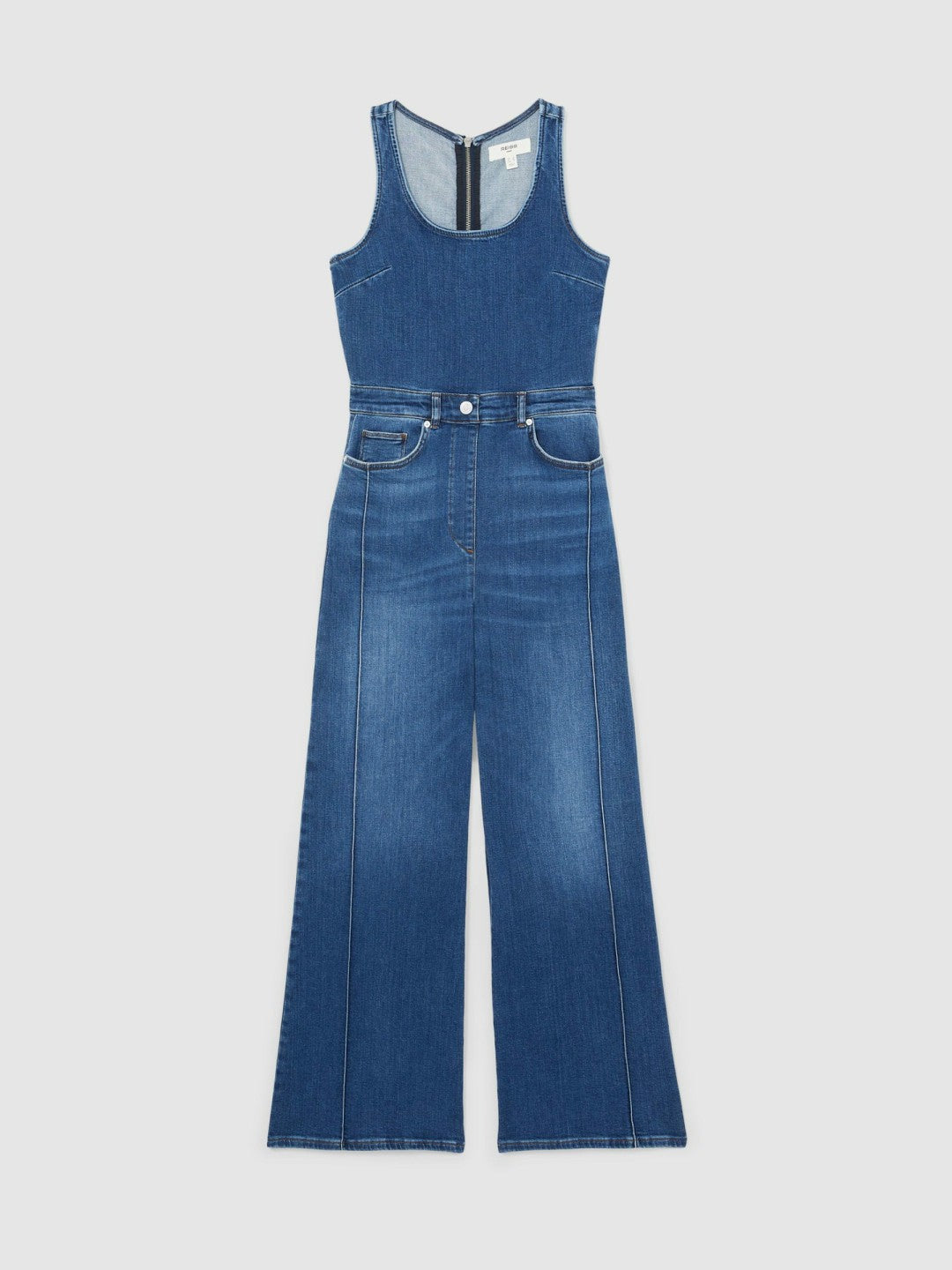 Wide-Leg Racer-Back Denim Jumpsuit in Indigo | Reiss Women Popular