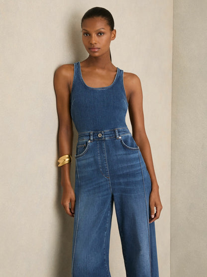 Wide-Leg Racer-Back Denim Jumpsuit in Indigo | Reiss Women Popular