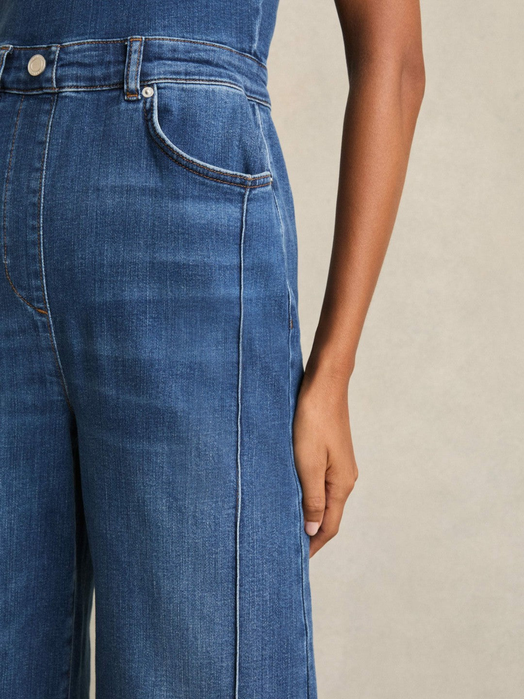 Wide-Leg Racer-Back Denim Jumpsuit in Indigo | Reiss Women Popular