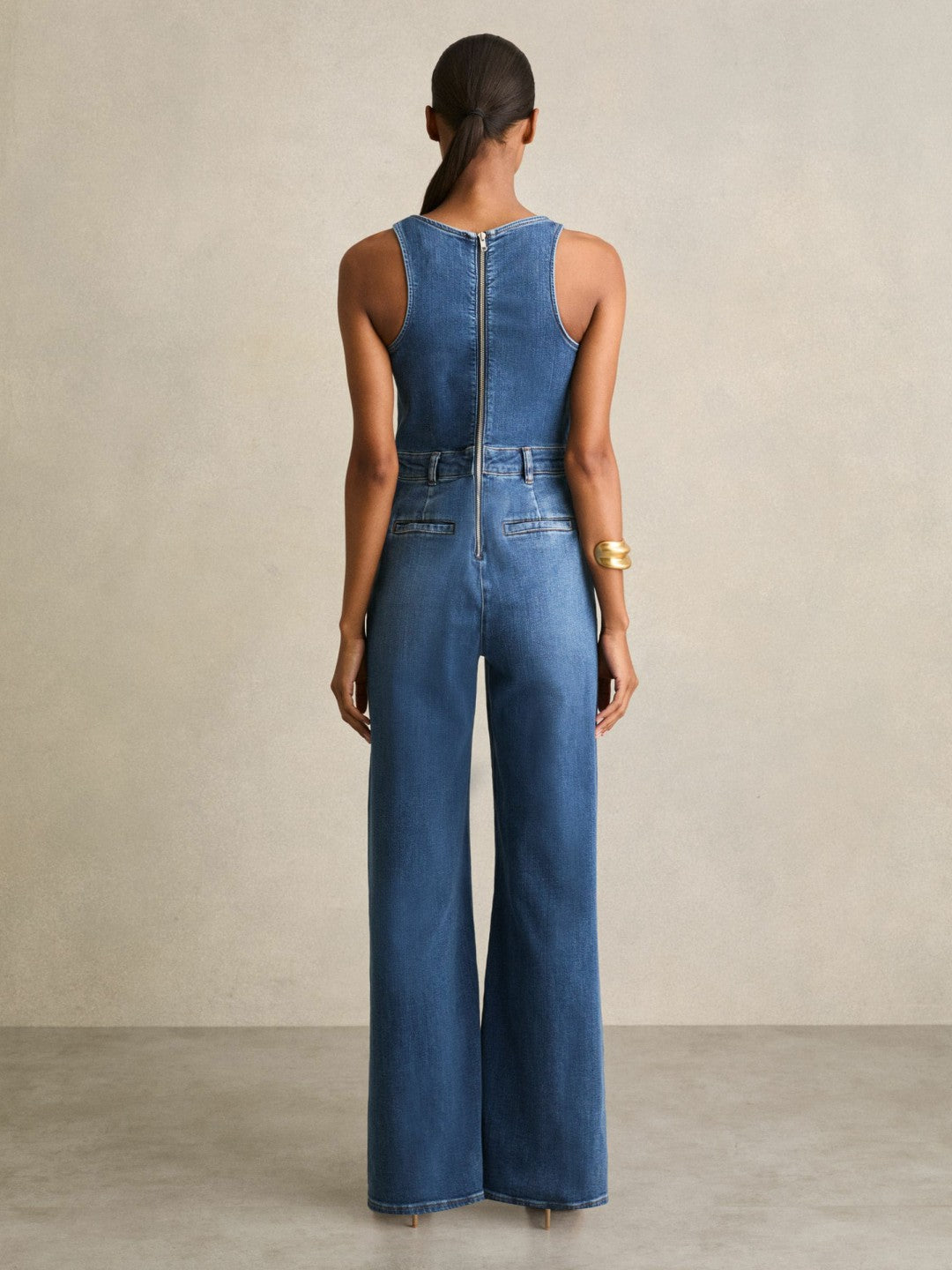 Wide-Leg Racer-Back Denim Jumpsuit in Indigo | Reiss Women Popular