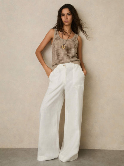 Petite Linen Wide Leg Trousers in White | Reiss Women Featured