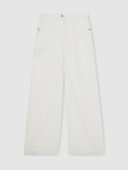 Petite Linen Wide Leg Trousers in White | Reiss Women Featured