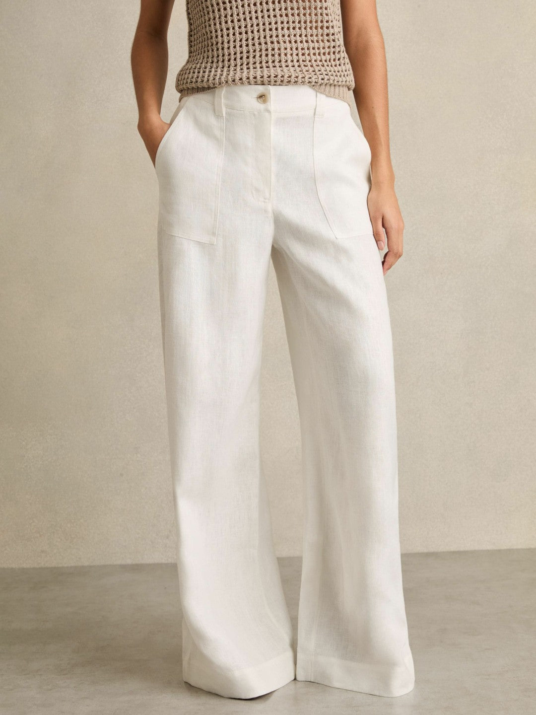 Petite Linen Wide Leg Trousers in White | Reiss Women Featured