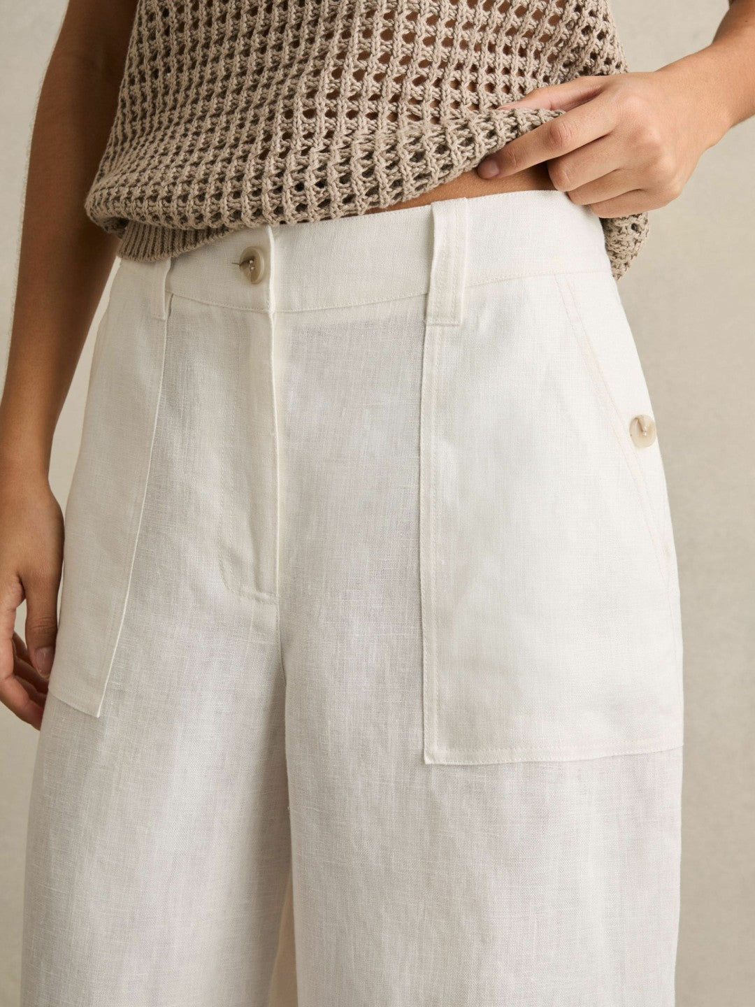 Petite Linen Wide Leg Trousers in White | Reiss Women Featured