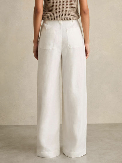 Petite Linen Wide Leg Trousers in White | Reiss Women Featured