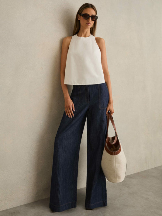 Linen Wide Leg Trousers in Indigo | Reiss Women Featured