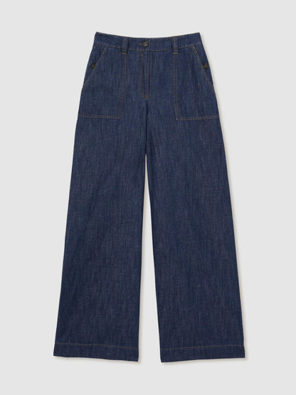 Linen Wide Leg Trousers in Indigo | Reiss Women Featured