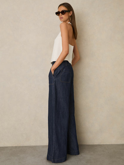 Linen Wide Leg Trousers in Indigo | Reiss Women Featured