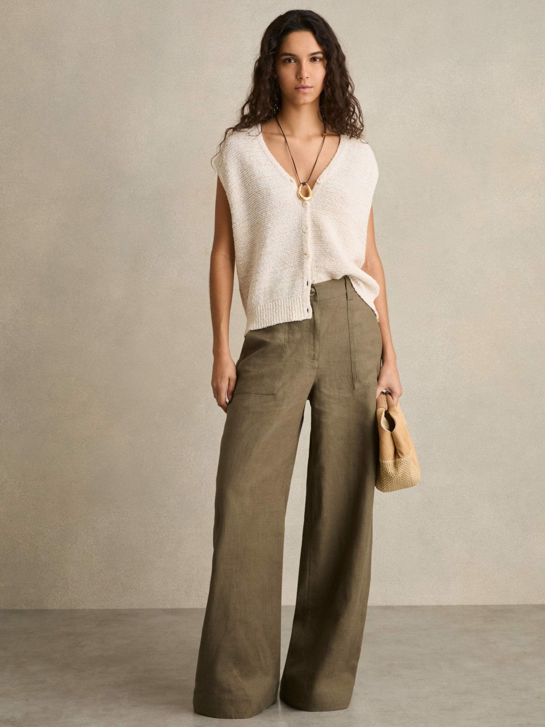 Linen Wide Leg Trousers in Khaki | Reiss Women Best Seller