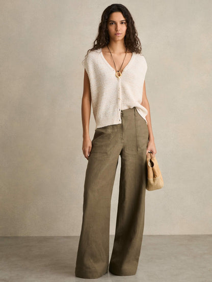 Linen Wide Leg Trousers in Khaki | Reiss Women Best Seller
