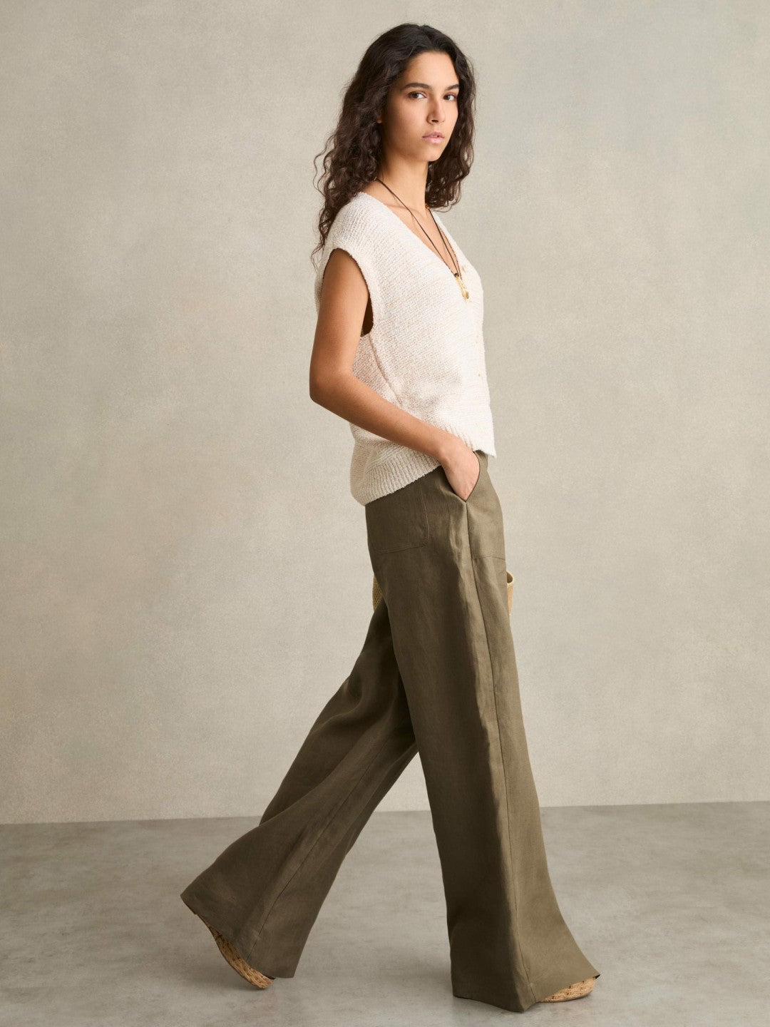 Petite Linen Wide Leg Trousers in Khaki | Reiss Women Popular