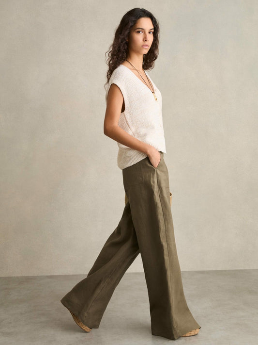 Petite Linen Wide Leg Trousers in Khaki | Reiss Women Popular