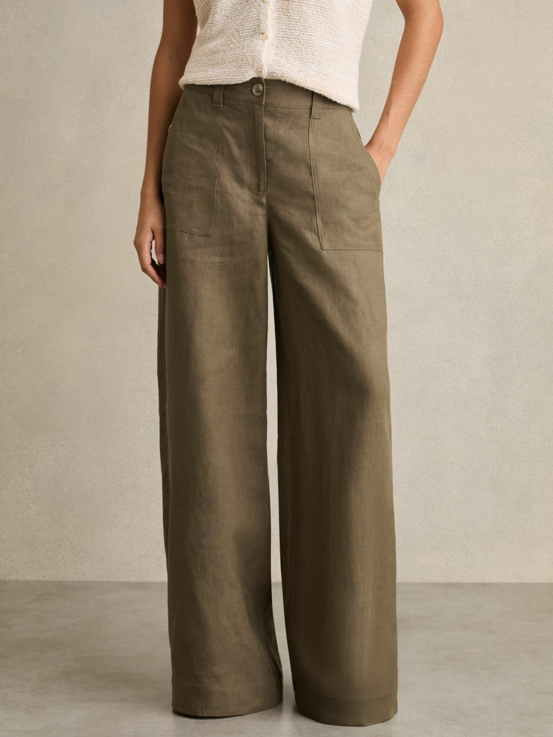 Petite Linen Wide Leg Trousers in Khaki | Reiss Women Popular