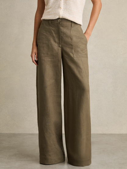 Petite Linen Wide Leg Trousers in Khaki | Reiss Women Popular
