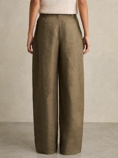 Petite Linen Wide Leg Trousers in Khaki | Reiss Women Popular