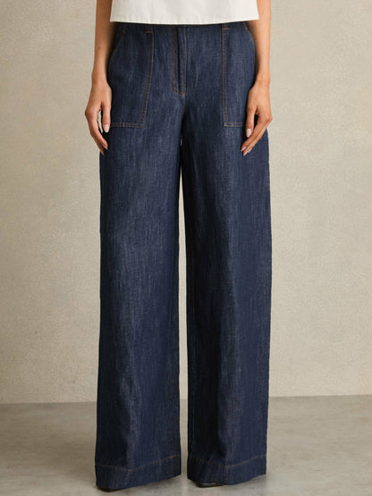 Petite Linen Wide Leg Trousers in Indigo | Reiss Women Exclusive