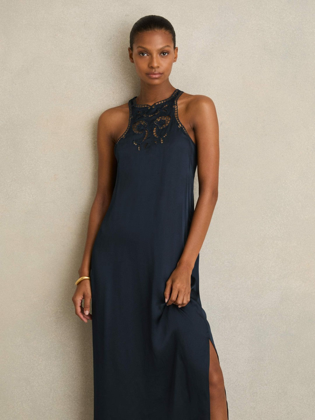 Satin Cut-Out Slip Dress in Navy | Reiss Women Premium