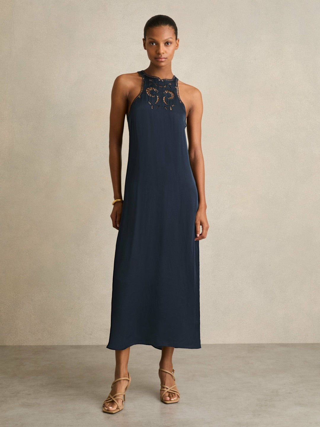Satin Cut-Out Slip Dress in Navy | Reiss Women Premium