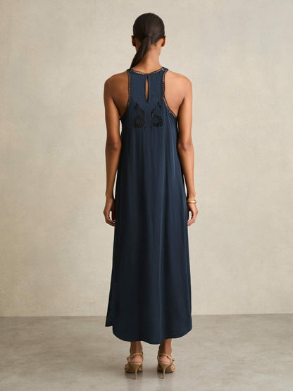 Satin Cut-Out Slip Dress in Navy | Reiss Women Premium