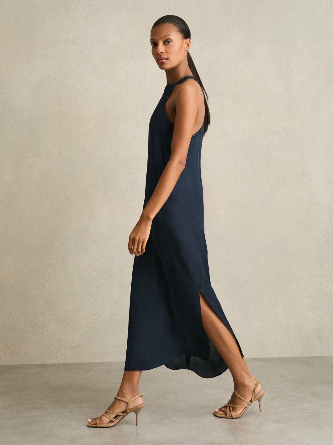 Satin Cut-Out Slip Dress in Navy | Reiss Women Premium