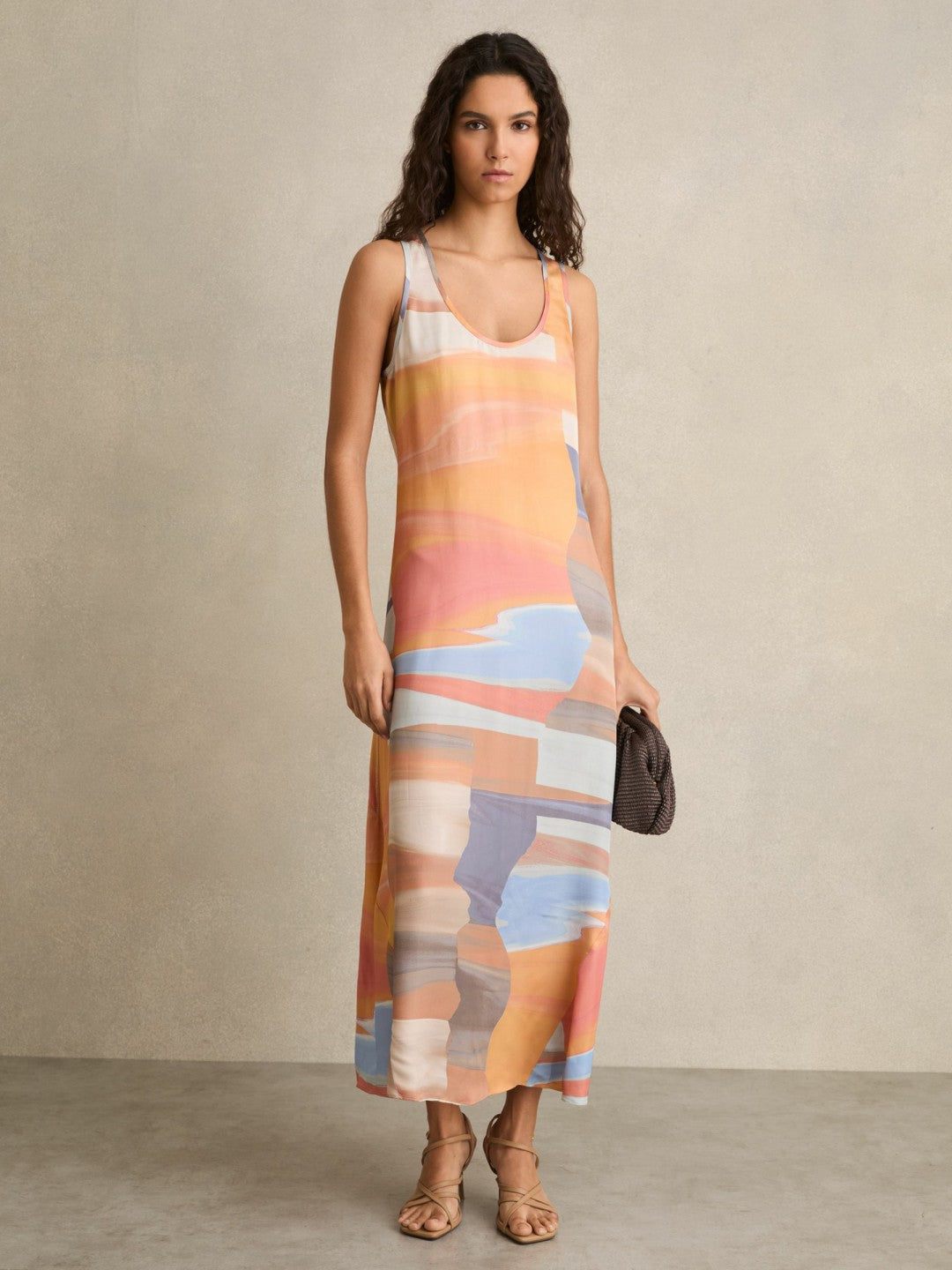 Sunset Print Sleeveless Slip Dress in Coral | Reiss Women Signature