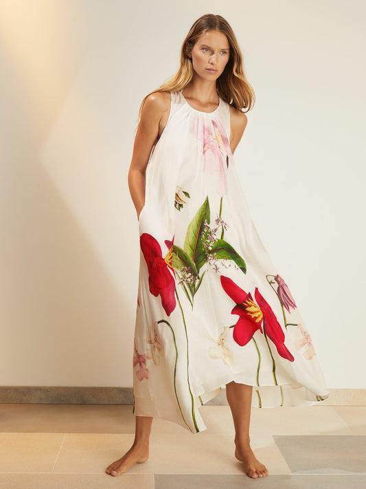 NYBG Floral Print Maxi Dress With Linen in Ivory | Reiss Women Trending