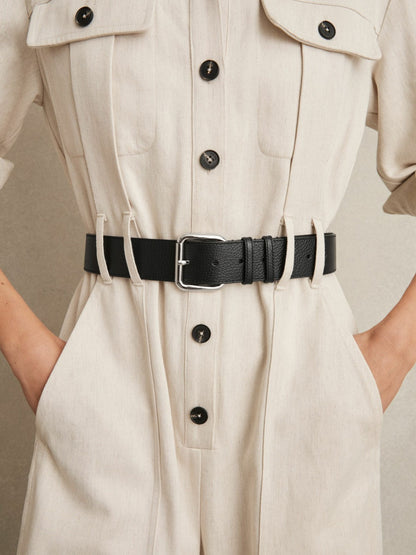 Leather Square Roller Buckle Belt in Black | Reiss Women Signature