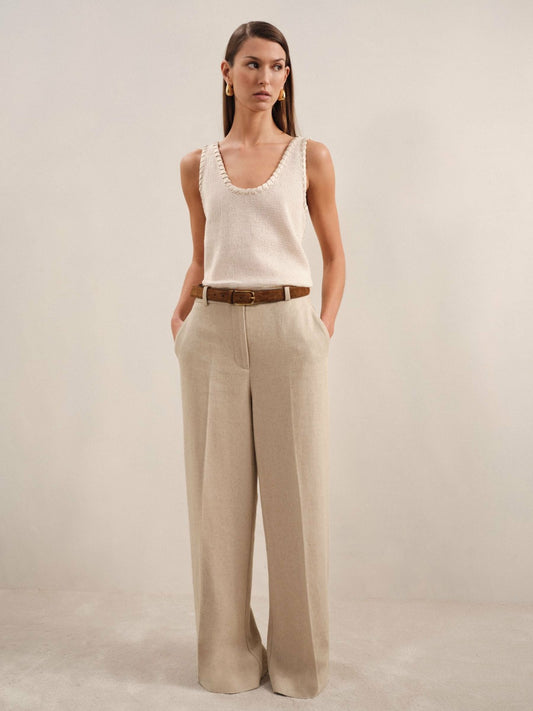 Petite Linen-Blend Wide-Leg Trousers in Neutral | Reiss Women Popular