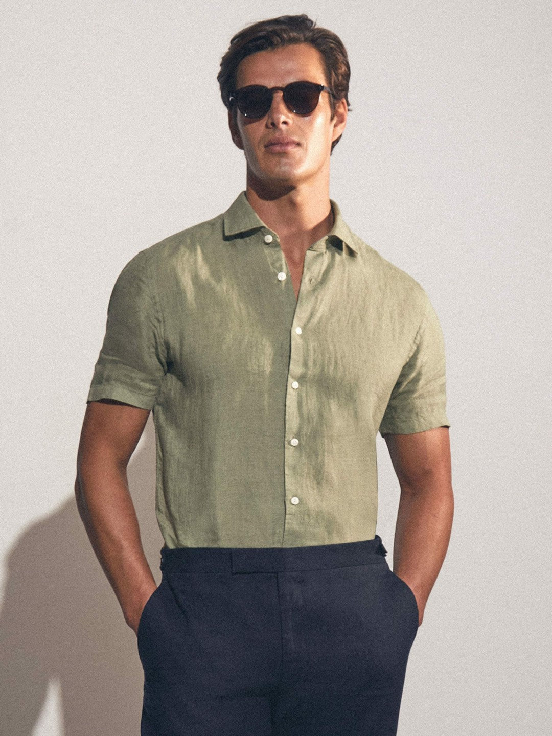 Slim Fit Linen Button-Through Shirt in Thyme Green | Reiss Men Signature