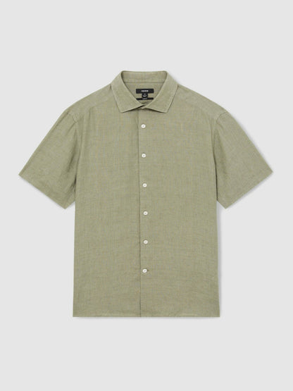 Slim Fit Linen Button-Through Shirt in Thyme Green | Reiss Men Signature